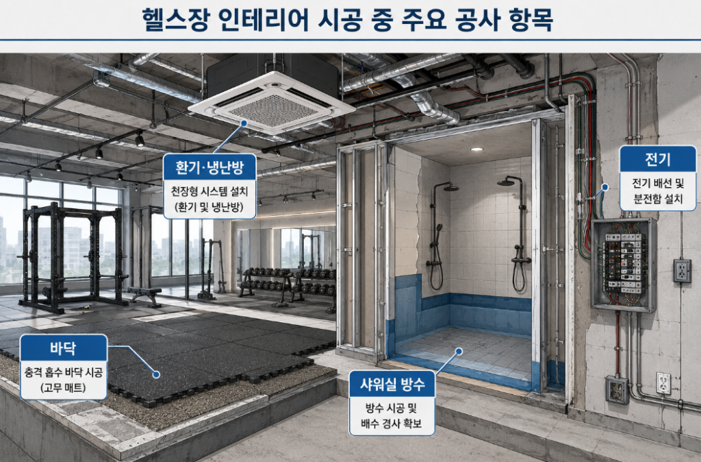 바닥 환기 샤워실 전기 등 헬스장 인테리어 공사 항목