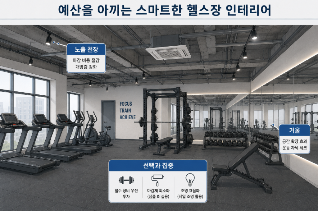 노출 천장과 선택과 집중으로 줄이는 헬스장 인테리어 비용