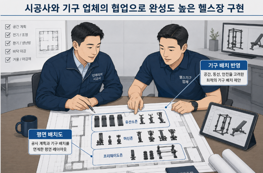 기구 배치를 반영해 함께 계획하는 헬스장 인테리어와 평면도