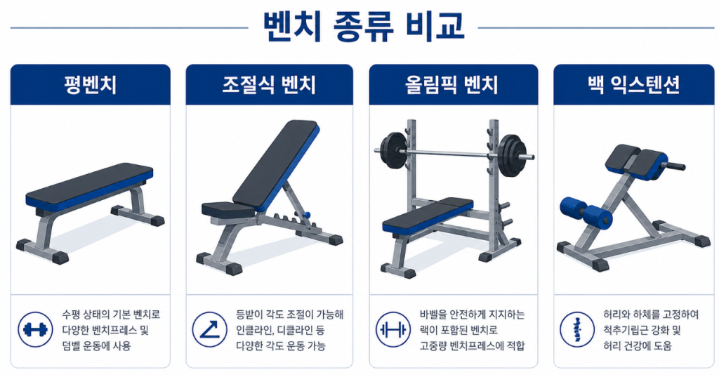 평벤치 인클라인 조절식 등 웨이트 벤치 종류 비교