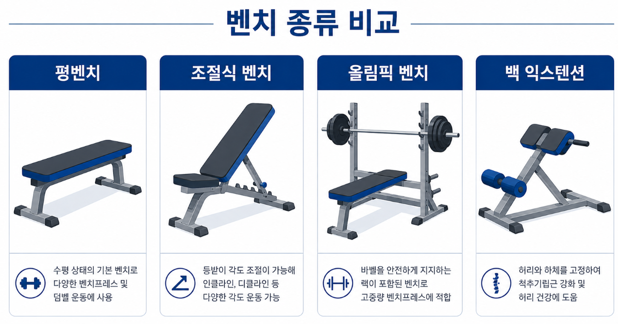평벤치 인클라인 조절식 등 웨이트 벤치 종류 비교