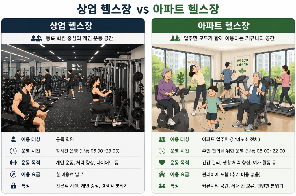 상업 헬스장과 아파트 커뮤니티 헬스장의 사용자·관리 차이 비교 일러스트