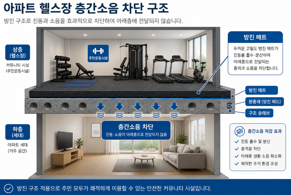 아파트 헬스장 층간소음 차단을 위한 방진 매트 바닥 시공 단면도