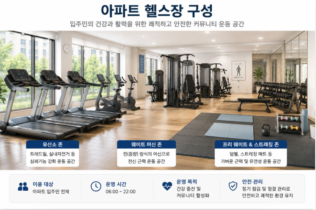 유산소 기구와 핀 방식 머신 중심의 아파트 커뮤니티 헬스장 기구 구성