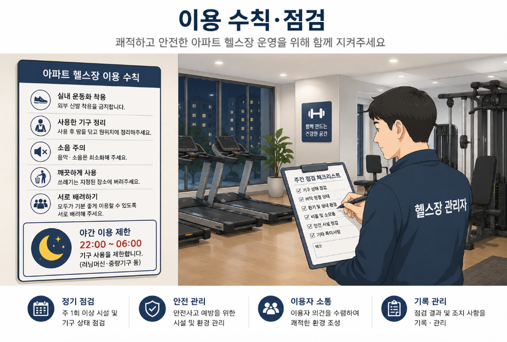 아파트 헬스장 이용 수칙 게시와 주 1회 점검 관리 일러스트