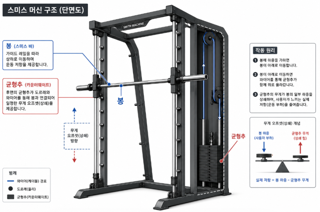 카운터밸런스 균형추가 봉 무게를 상쇄하는 스미스머신 구조 도해