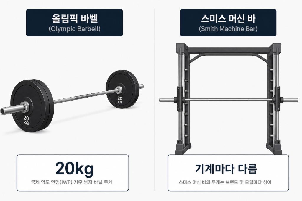 올림픽 바벨 20kg과 기계마다 다른 스미스머신 봉 무게 비교