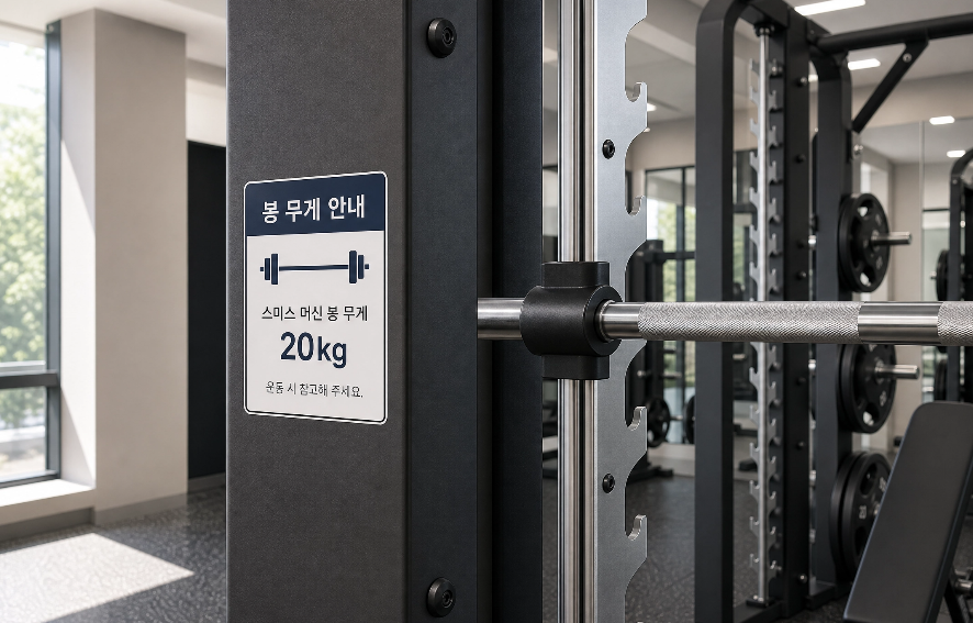 헬스장 스미스머신에 봉 무게를 표기한 안내 스티커