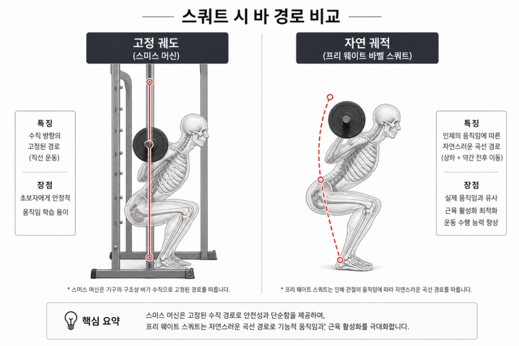 체형에 따라 맞지 않을 수 있는 스미스머신 고정 궤도 도해