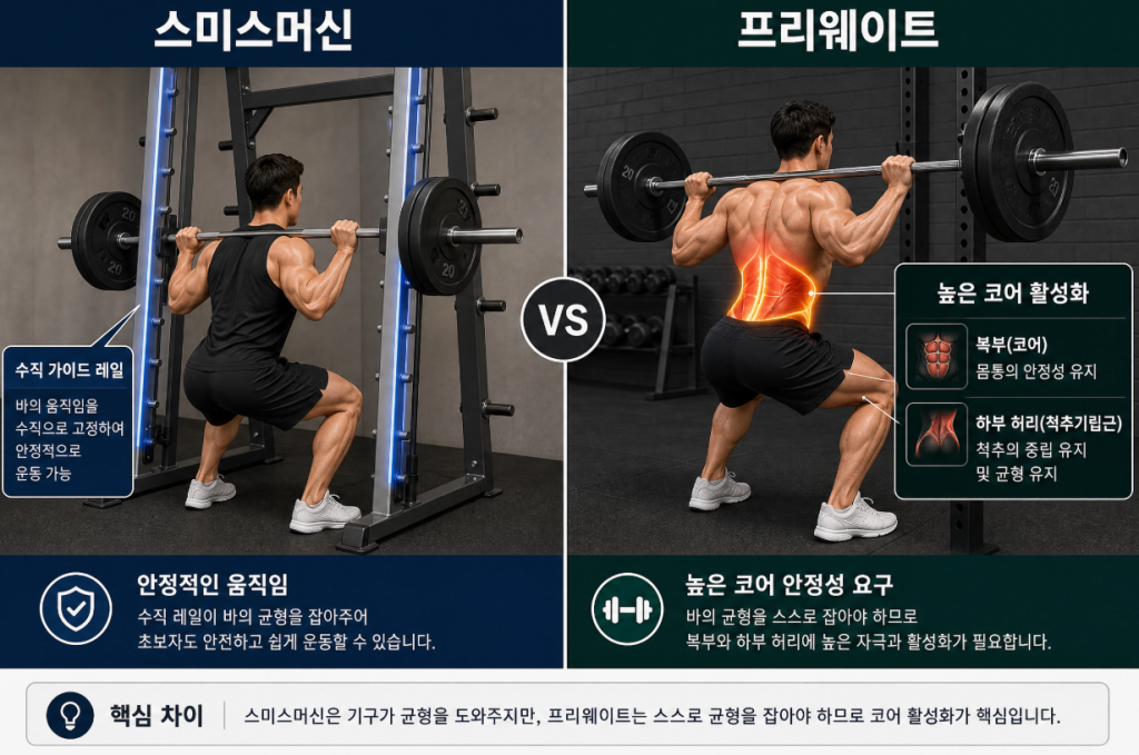 스미스머신과 프리웨이트의 안정근 코어 개입 차이 비교