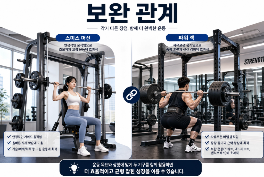 스미스머신과 파워랙을 함께 배치한 헬스장 자유 중량 구역
