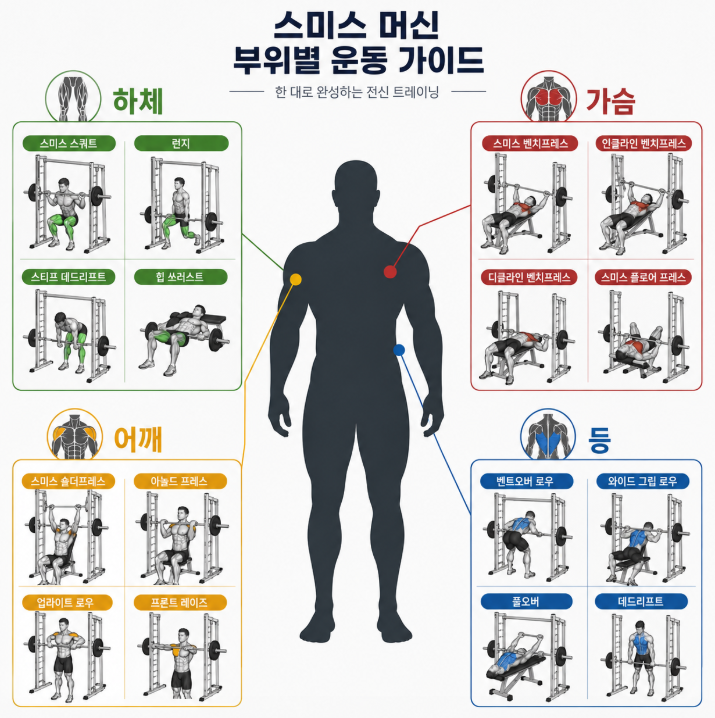 스미스머신으로 하는 부위별 전신 운동 종류 일러스트