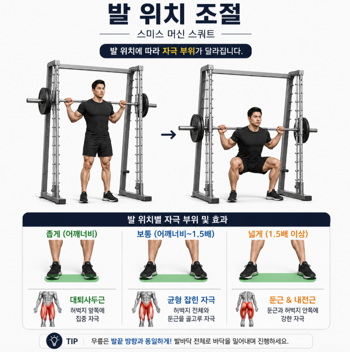 발 위치에 따라 자극 부위가 달라지는 스미스머신 스쿼트 자세