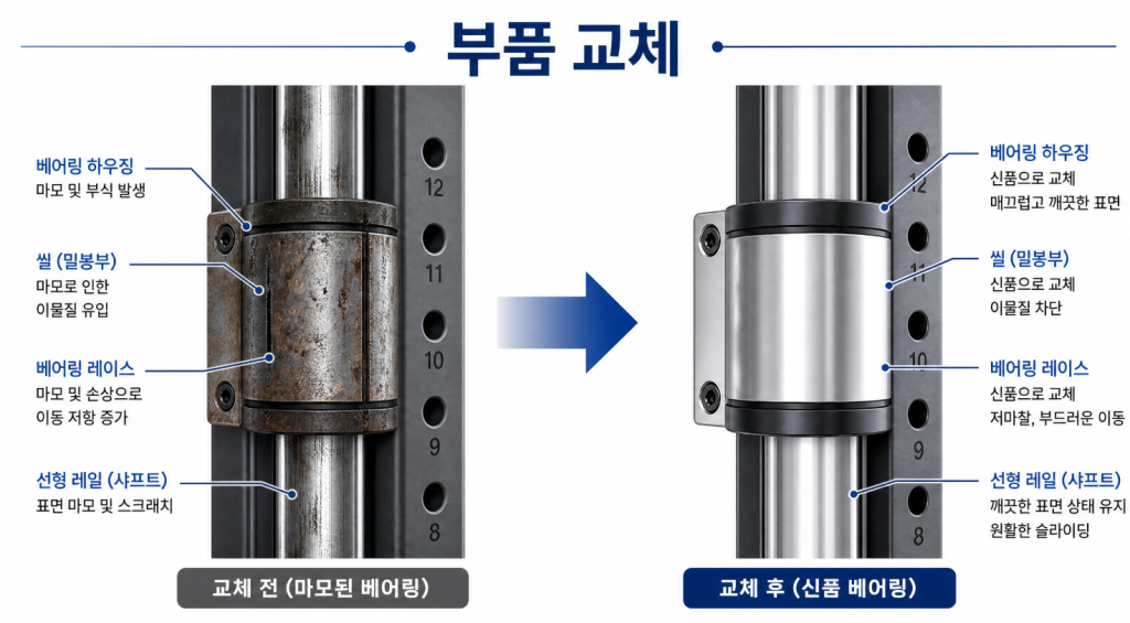 베어링 롤러 레일 손상 시 필요한 스미스머신 부품 교체