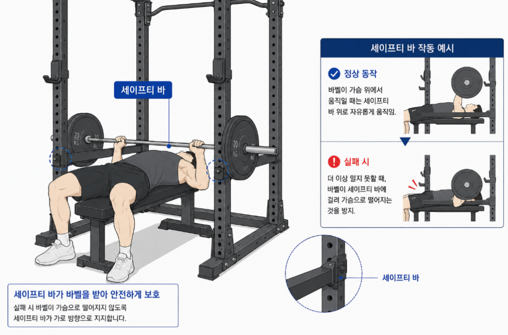 벤치프레스 중 바벨을 받쳐 주는 파워랙 세이프티 바의 안전 역할