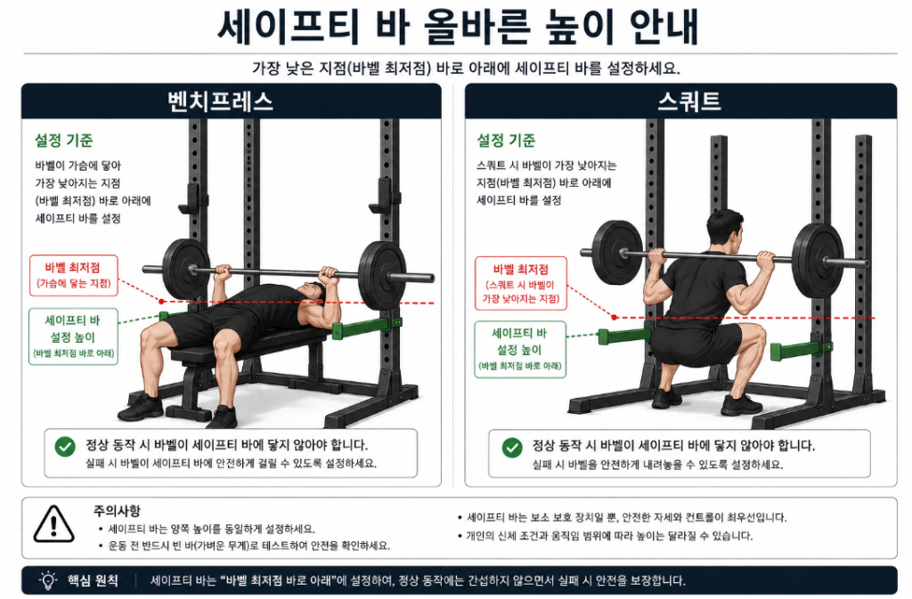 벤치프레스 스쿼트 운동별 파워랙 세이프티 바 높이 설정 도해