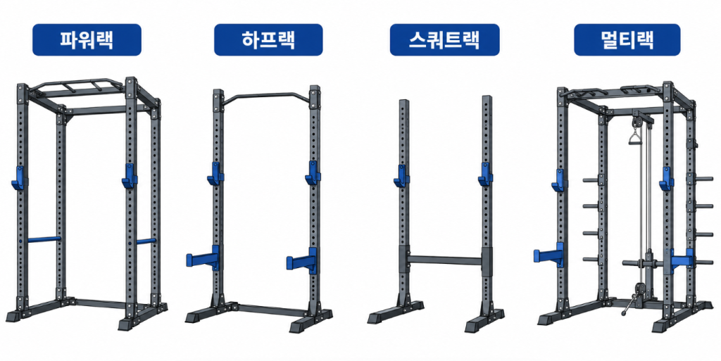 파워랙 하프랙 스쿼트랙 멀티랙 네 종류의 구조 비교 일러스트