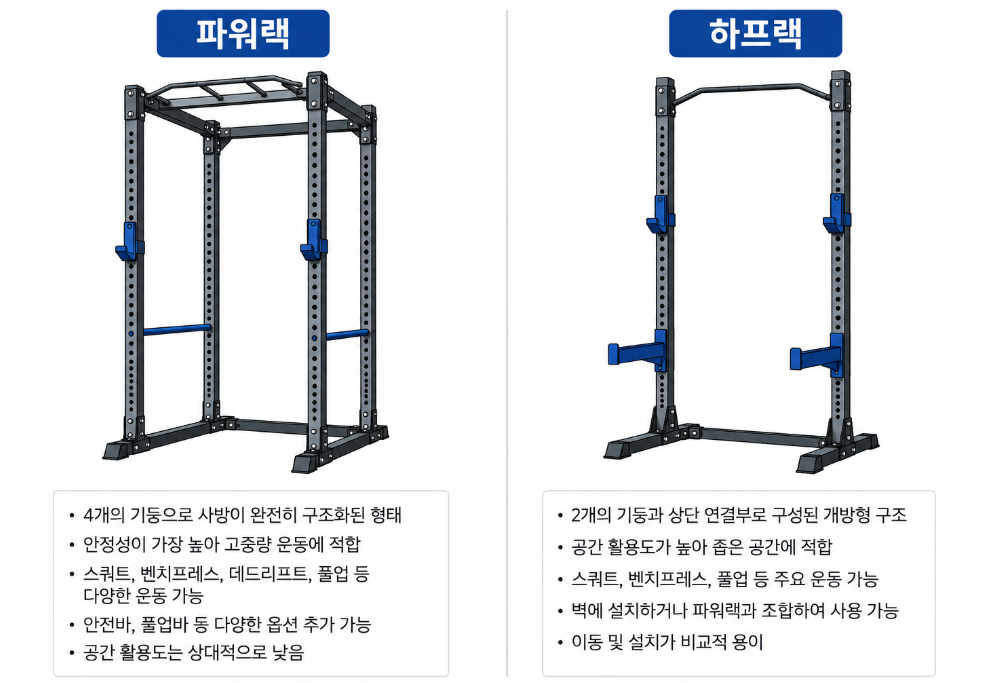 파워랙과 하프랙의 구조 안전 범위 공간 차이 비교