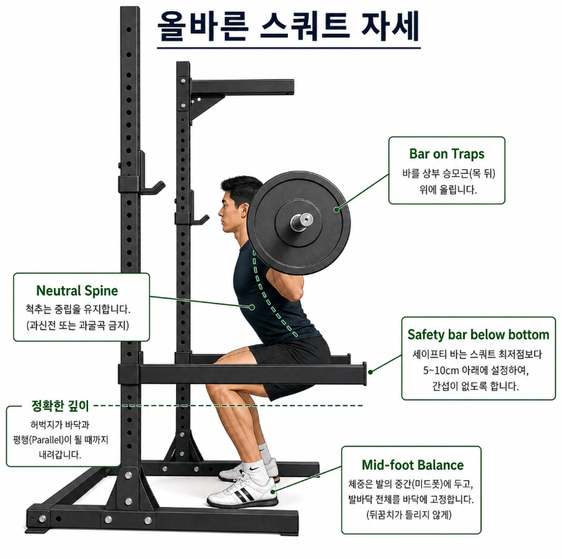 무릎이 발끝 방향과 일치하고 허리를 곧게 편 파워랙 스쿼트 올바른 자세