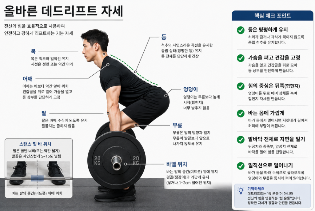 허리와 어깨를 펴고 무릎이 발끝을 넘지 않는 파워랙 데드리프트 자세