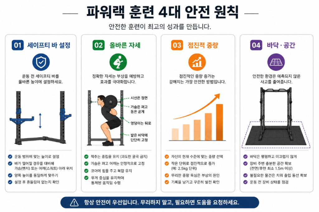세이프티 바 설정과 올바른 자세를 강조한 파워랙 안전 운동 원칙