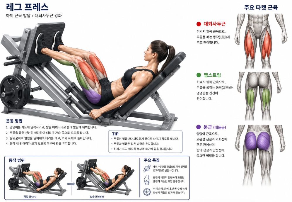대퇴사두근 햄스트링 둔근을 단련하는 레그프레스 하체 운동