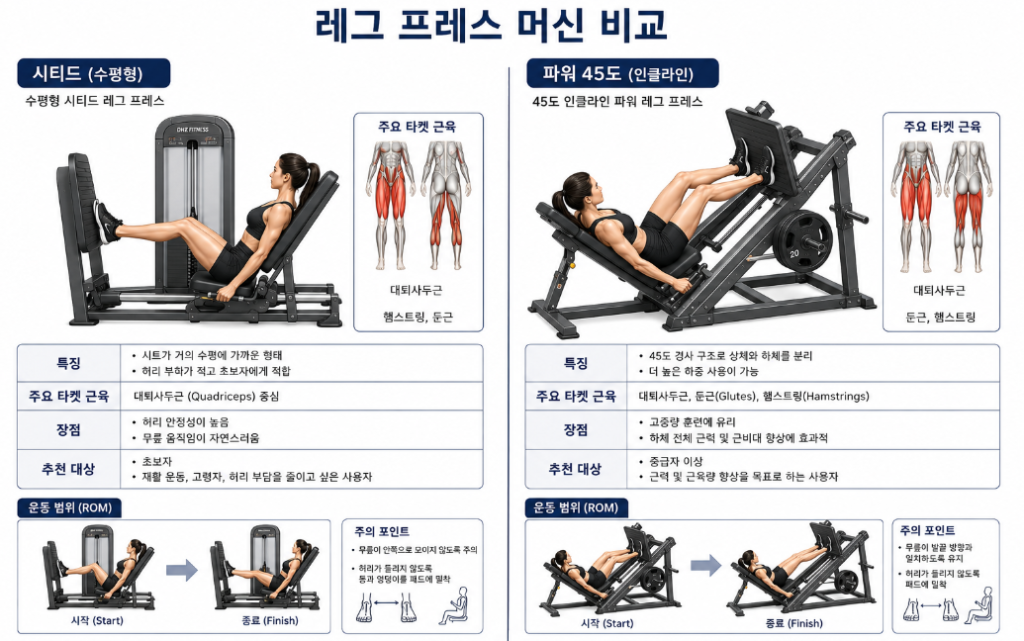 수평의 시티드 레그프레스와 45도 파워 레그프레스의 차이 비교