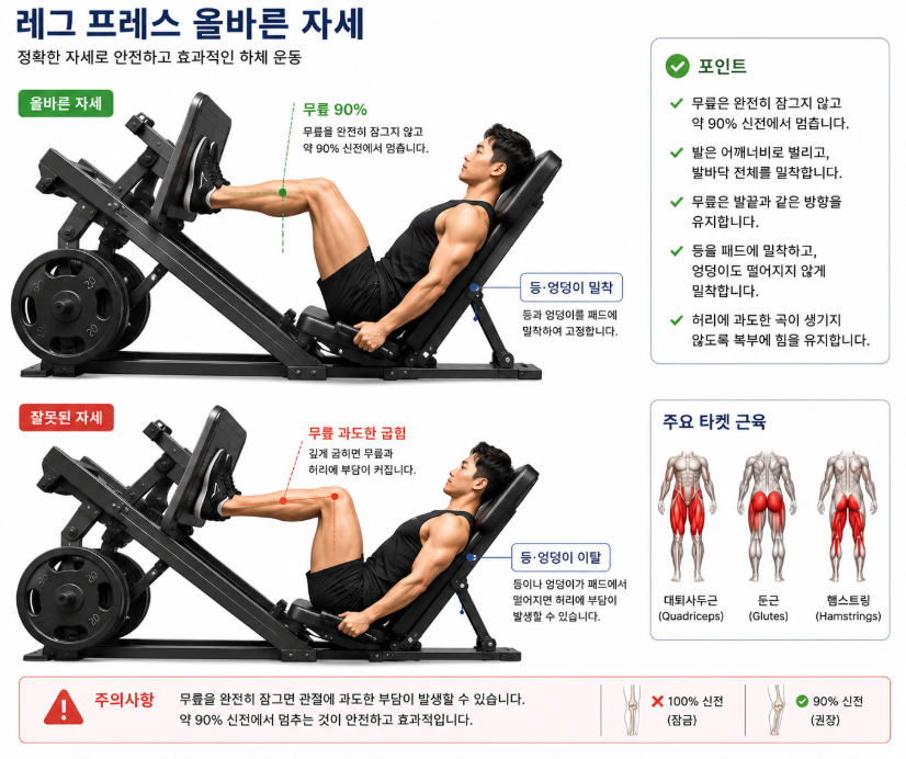 무릎을 완전히 펴지 않고 등을 밀착한 레그프레스 올바른 자세