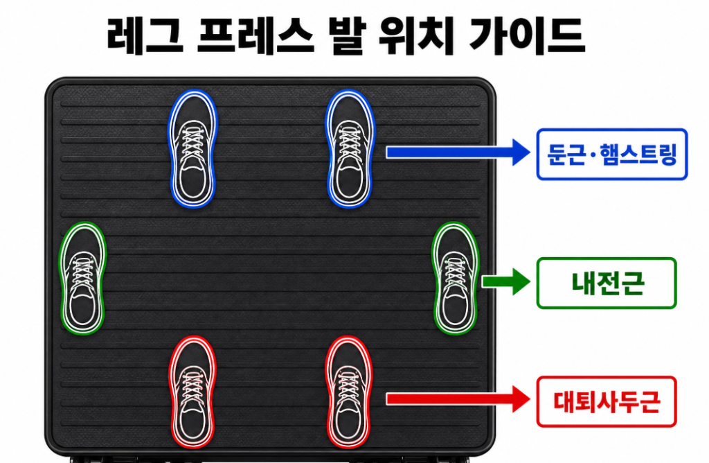 발 위치에 따라 둔근과 대퇴사두근 자극이 달라지는 레그프레스