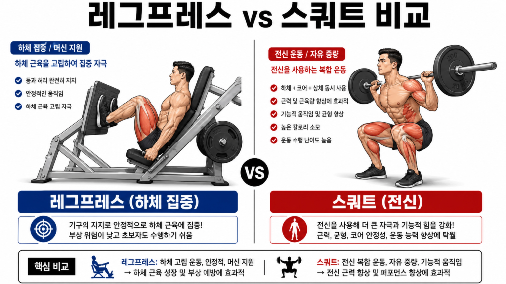 하체 집중의 레그프레스와 전신 운동인 스쿼트의 차이 비교