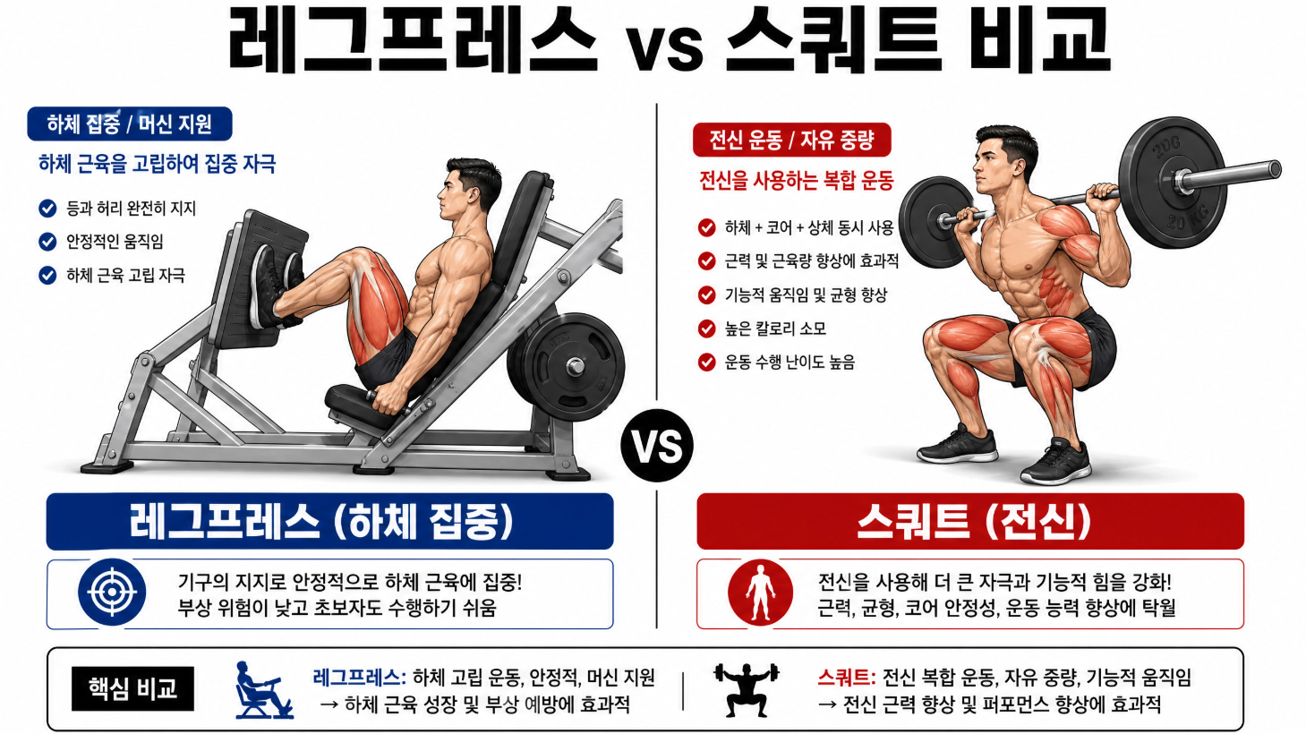하체 집중의 레그프레스와 전신 운동인 스쿼트의 차이 비교