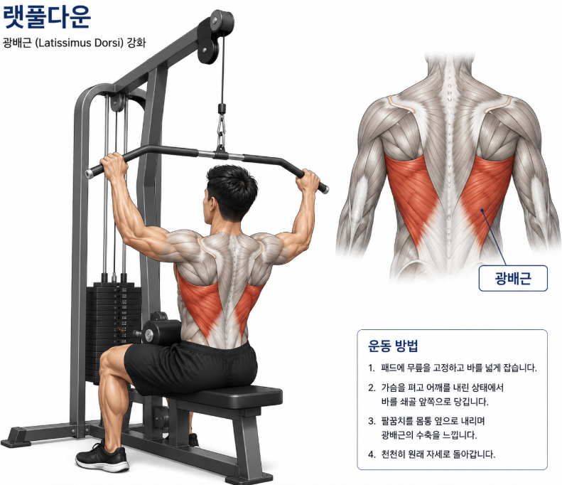 광배근을 단련해 상체 안정성을 높이는 랫풀다운 등 운동