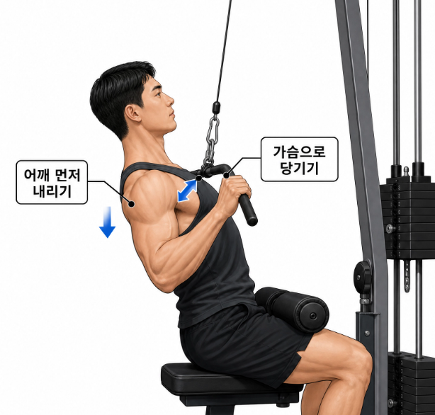 어깨를 먼저 내리고 가슴 쪽으로 당기는 랫풀다운 올바른 자세