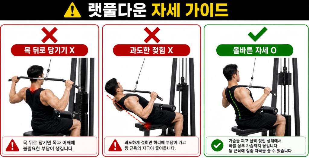 목 뒤로 당기기와 과도한 젖힘 등 피해야 할 랫풀다운 동작