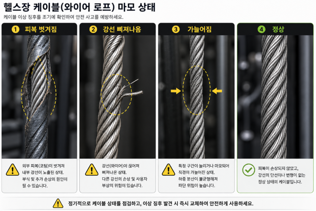 피복 벗겨짐과 강선 삐져나옴 등 머신 케이블 마모 신호와 교체 시기