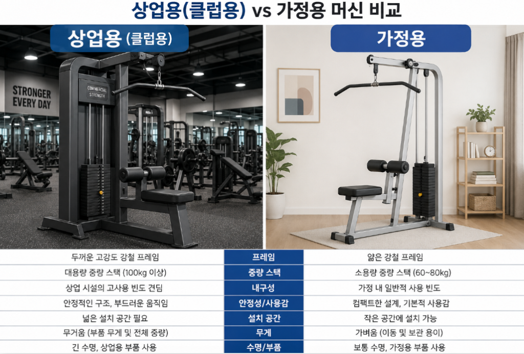불특정 다수가 쓰는 시설에 필요한 상업용 클럽용 웨이트 머신과 가정용의 차이