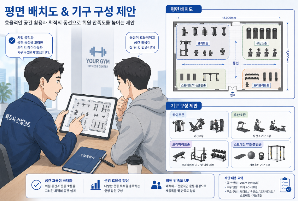 매장 면적에 맞춘 평면 배치도와 현장 실측 헬스장 창업 기구 구성