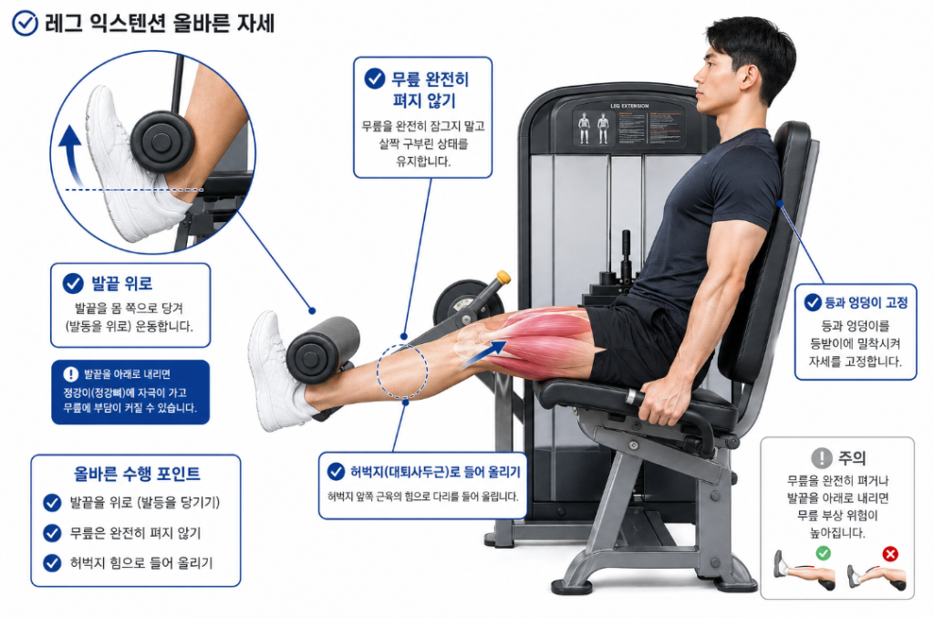 발끝을 위로 향하고 무릎을 완전히 펴지 않는 레그 익스텐션 올바른 자세