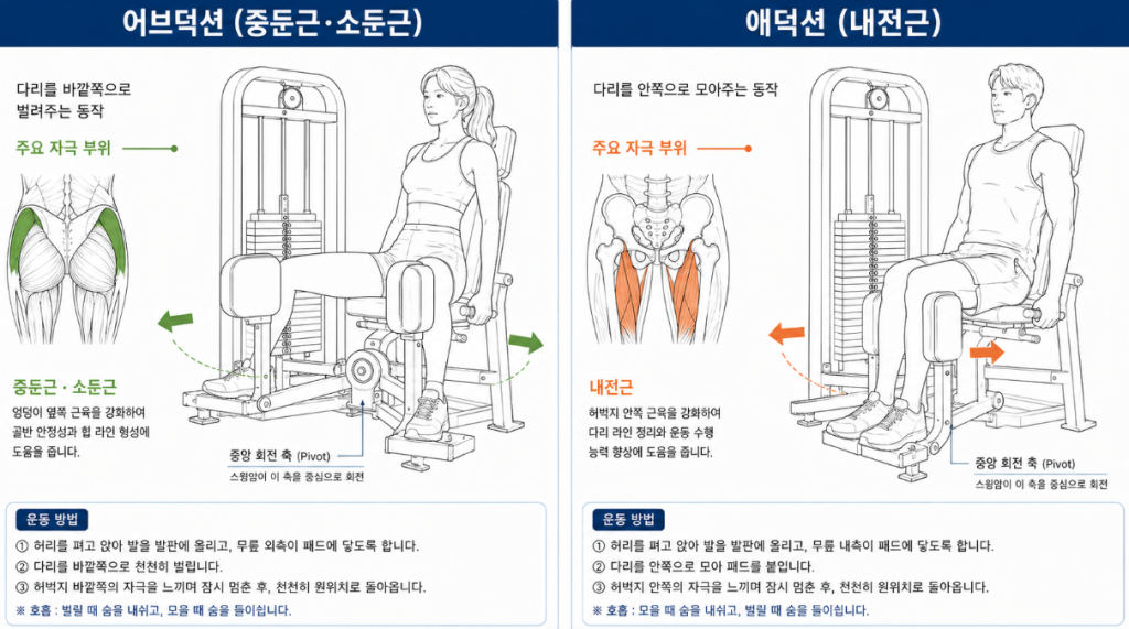 다리를 벌리는 힙 어브덕션과 모으는 애덕션의 근육 비교
