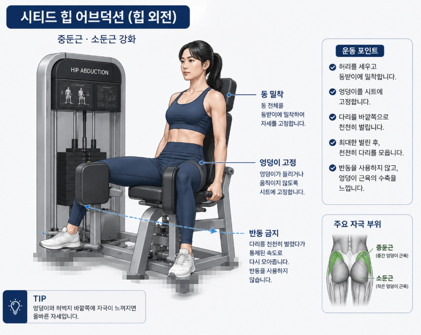 등을 밀착하고 반동 없이 수행하는 힙 어브덕션 애덕션 올바른 자세