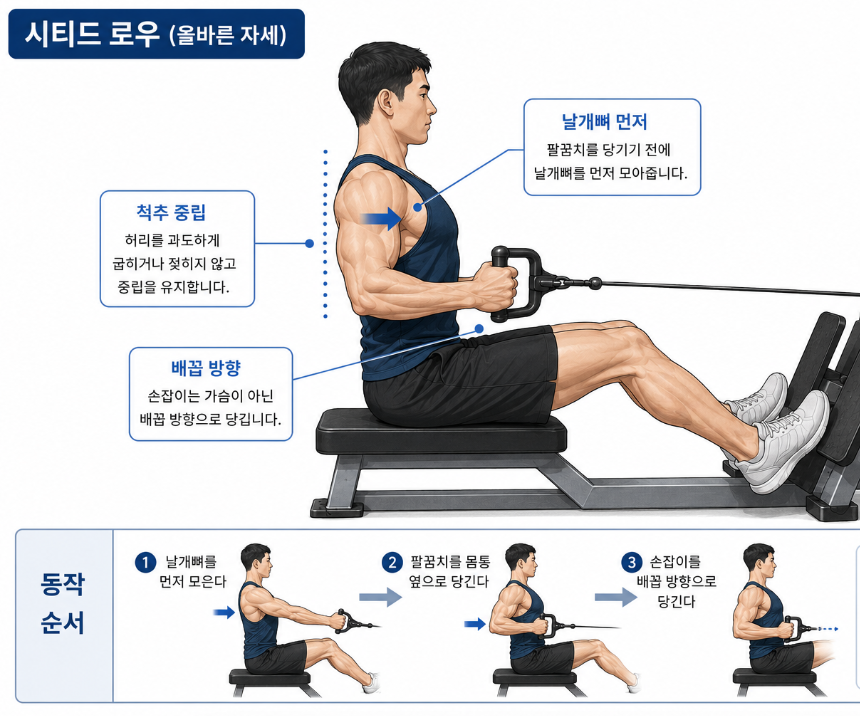 척추 중립을 유지하고 날개뼈를 먼저 움직이는 시티드 로우 올바른 자세