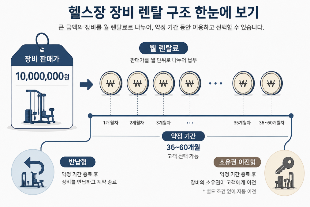 월 렌탈료와 계약 기간 소유권으로 구성되는 헬스기구 렌탈 구조