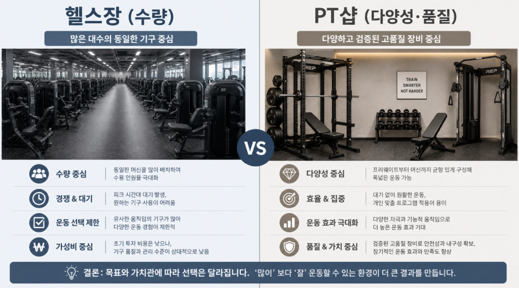 수량이 아닌 다양성과 품질이 기준인 PT샵 기구 구성