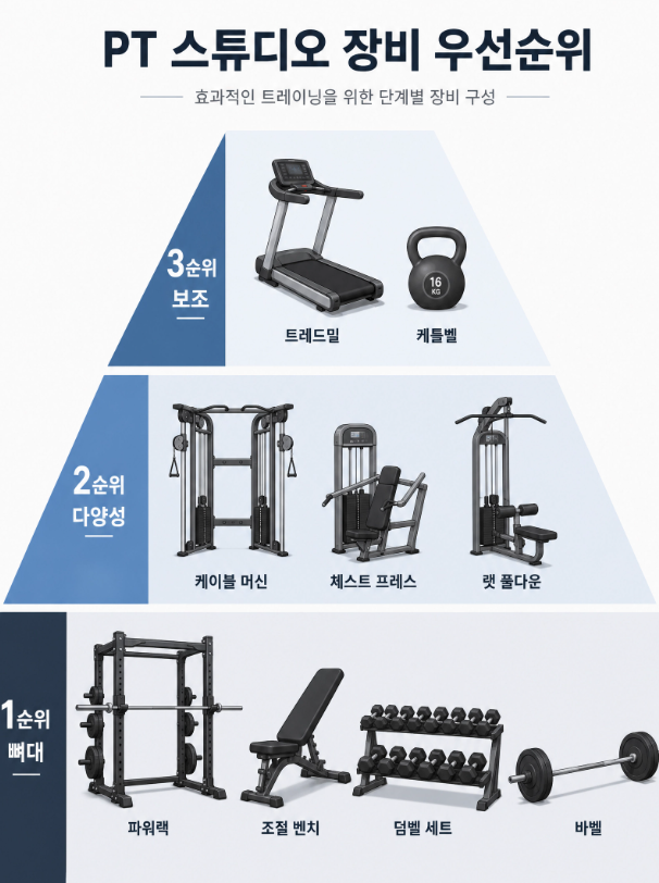 랙 벤치 덤벨이 뼈대인 PT샵 필수 기구 우선순위 3단계
