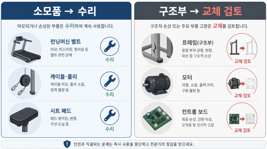 소모품은 수리 구조부는 교체 등 고장 유형별 판단 기준