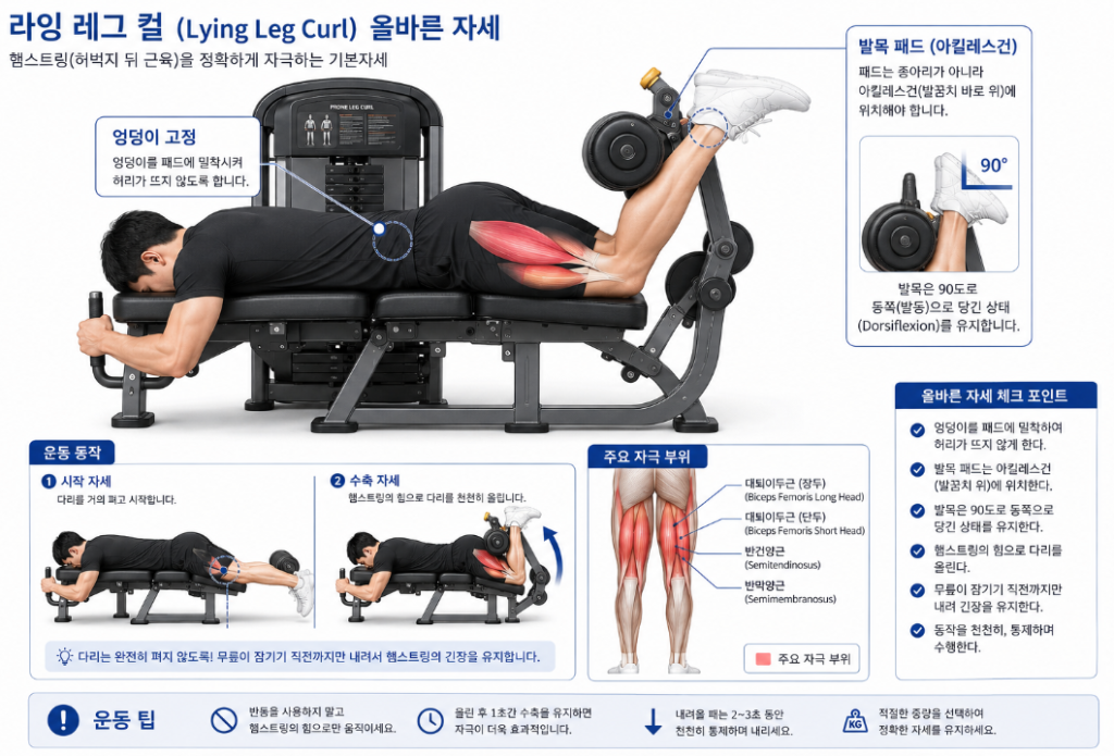 발목 패드를 아킬레스건에 두고 엉덩이를 고정한 레그 컬 올바른 자세