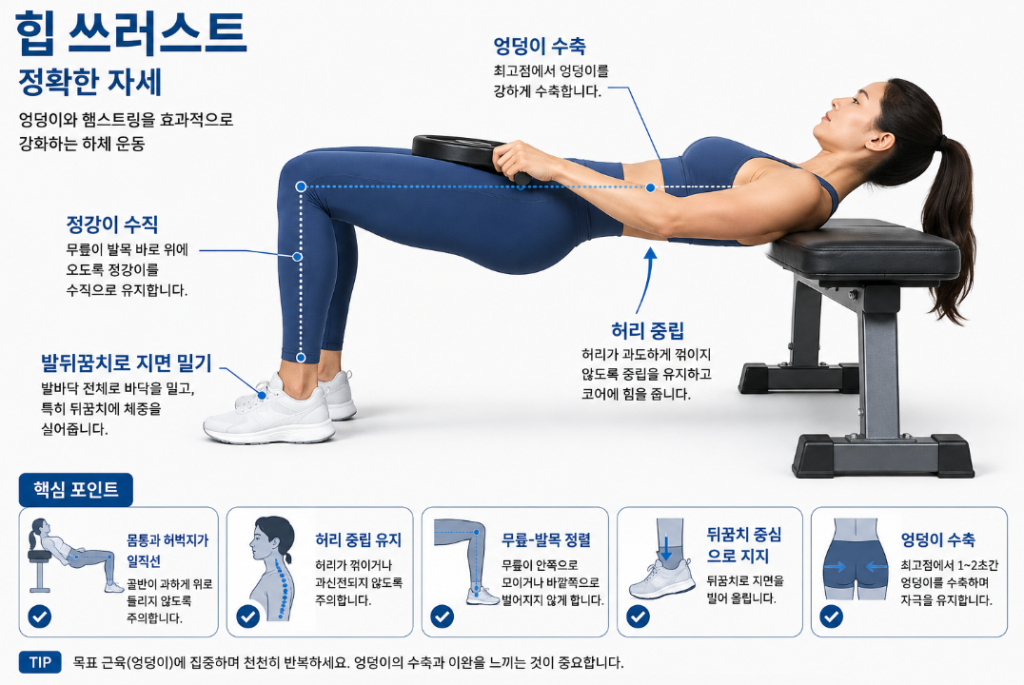 발은 무릎과 수직 허리는 중립으로 유지하는 힙 쓰러스트 올바른 자세