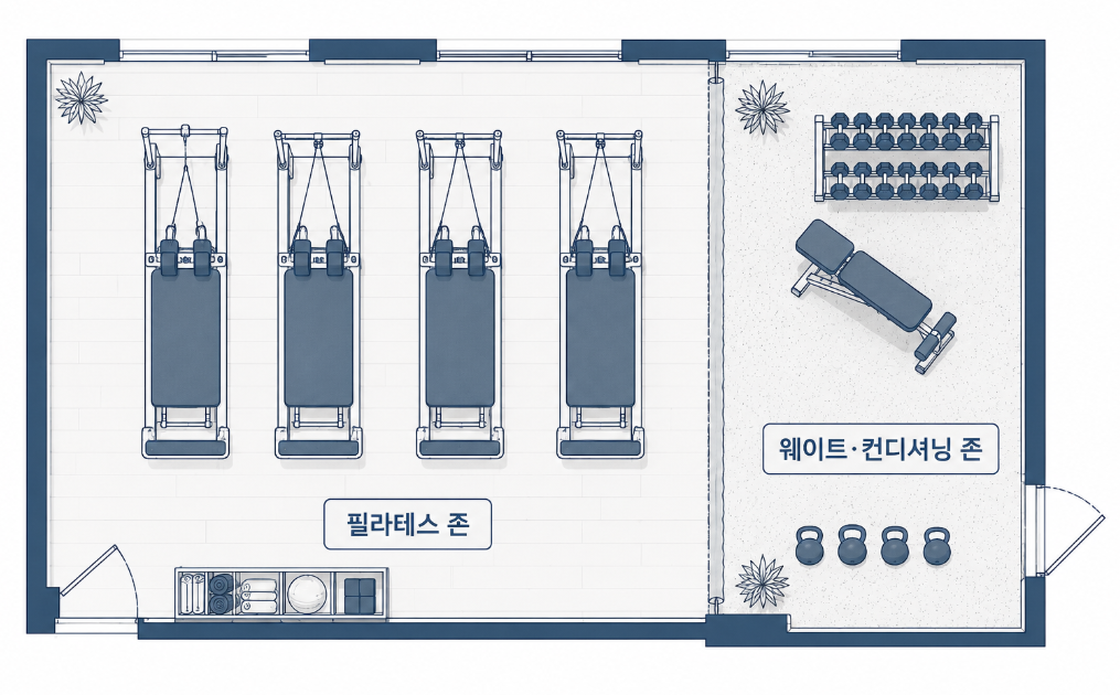 필라테스 스튜디오에 웨이트 존을 더하는 하이브리드 구성