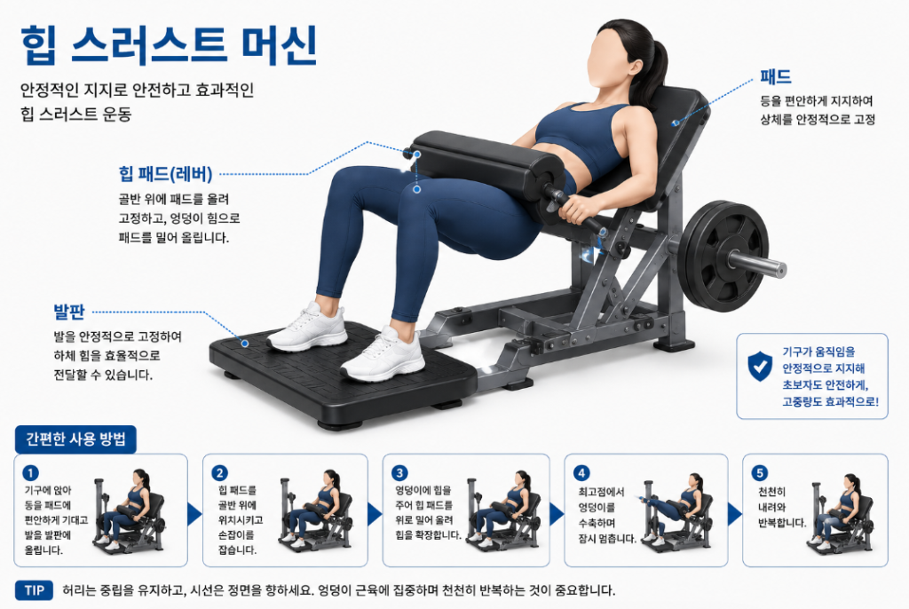 세팅이 간편하고 안정적인 힙 쓰러스트 전용 머신