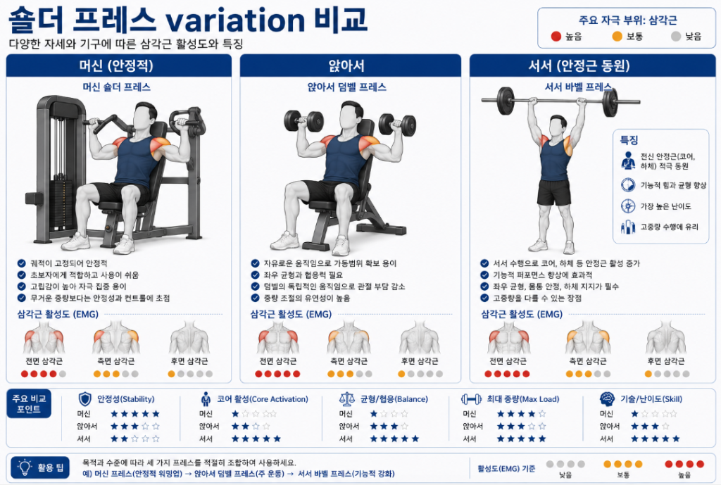 안정성에 따라 삼각근 활성도가 달라지는 앉아서 서서 머신 숄더 프레스